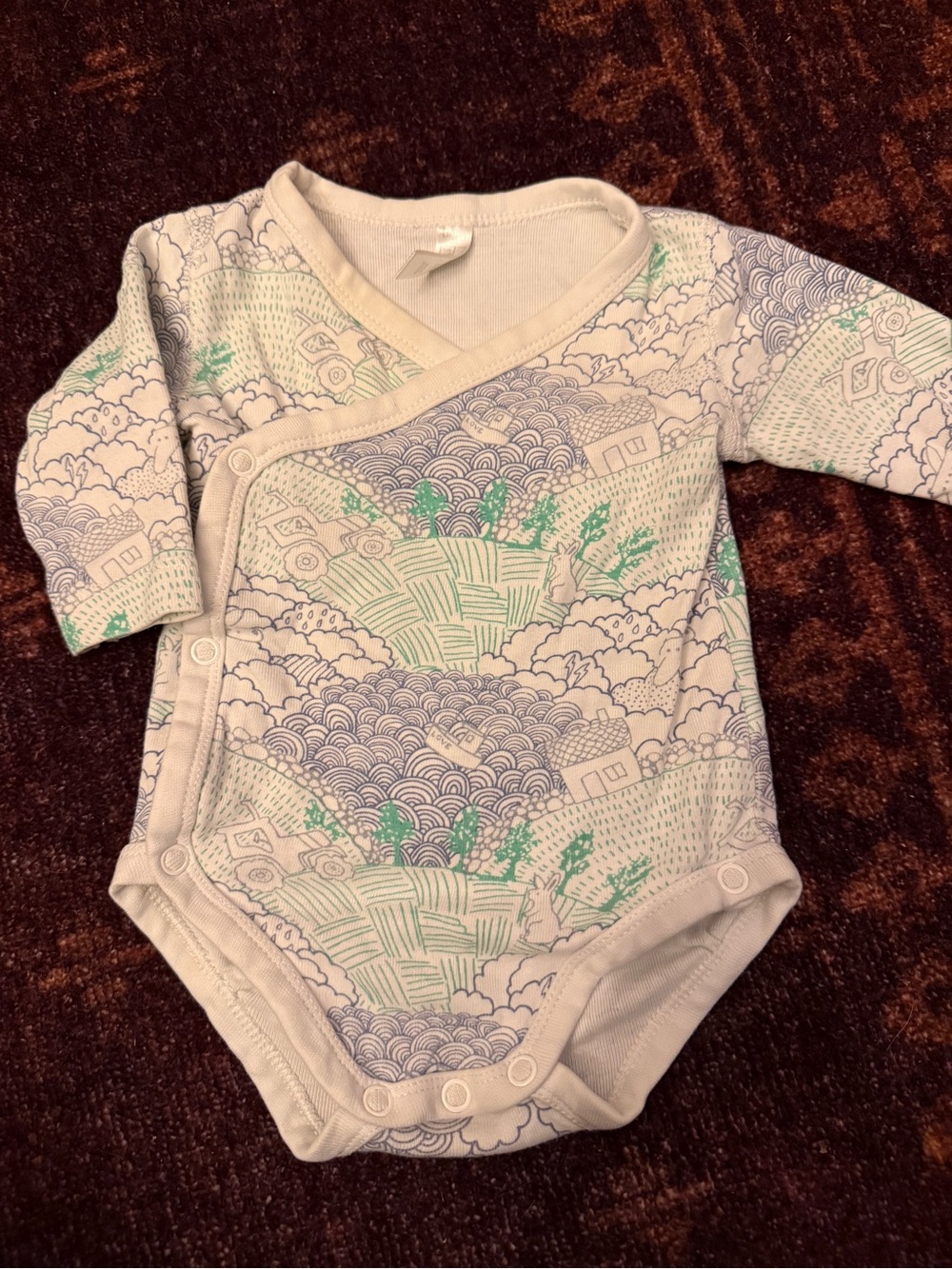 Neutral Patterned Long-Sleeve Baby One-Piece in Cream with Green and Blue Print